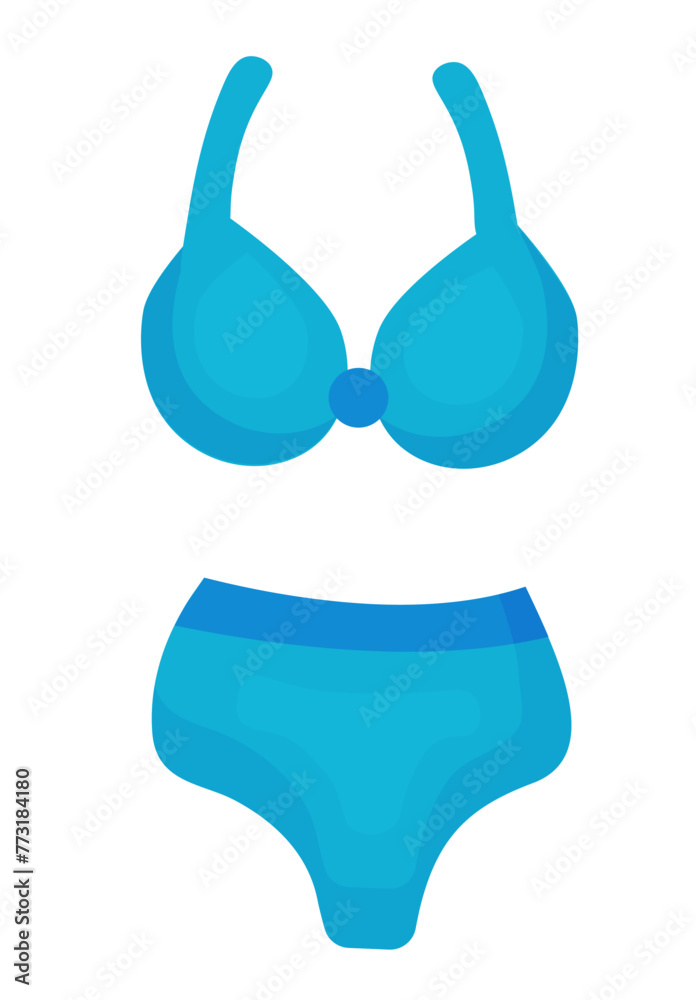Summer women swimsuit. Blue Bikini. Beach swimwear. Vector cartoon illustration.