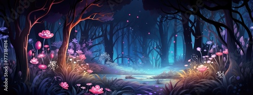 night forest with mystical glowing flowers