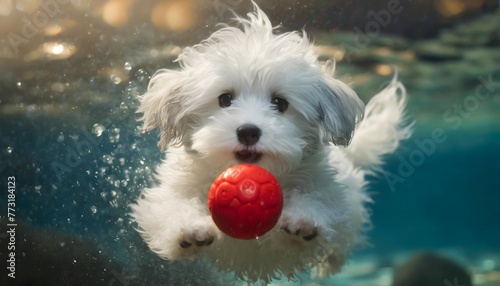 Happy little coton de tulear puppy jumping in water to chase red ball. photo