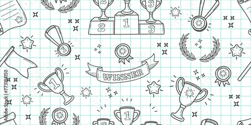 Backdrop with winner award attributes in linear style. Seamless sports doodles on checkered school background. Backdrop with winner award attributes in linear style.