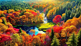 Scenary of a forest glade at fall with a lake crossing it