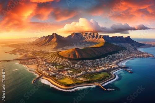 Aerial view of Table Mountain at sunset , Aerial panoramic view cityscape at sunset, Ai generated
