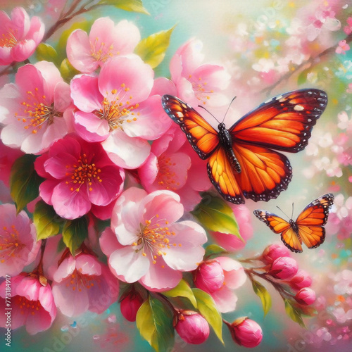bright butterflies and colorful beautiful peony flowers painted with oil paints. bright summer background © Fabian