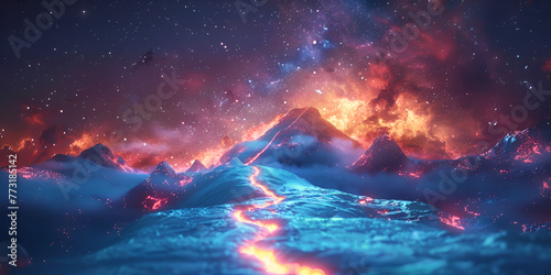 Path to success concept, with glowing light path going up the mountain illustration. generative ai