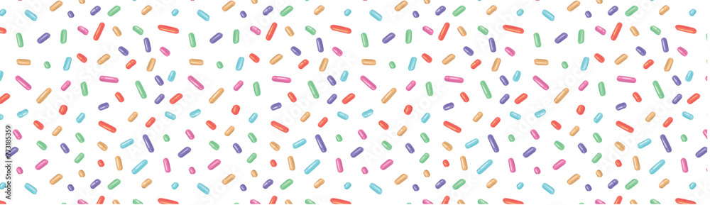 Festive seamless pattern with confetti or sprinkles for donuts. Repeating background, vector illustration for holiday, birthday, gift paper, decoration. Festive seamless pattern with confetti or sprinkles for donuts. Repeating background, vector illustration for holiday, birthday, gift paper, decoration.