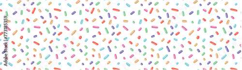 Festive seamless pattern with confetti or sprinkles for donuts. Repeating background, vector illustration for holiday, birthday, gift paper, decoration.