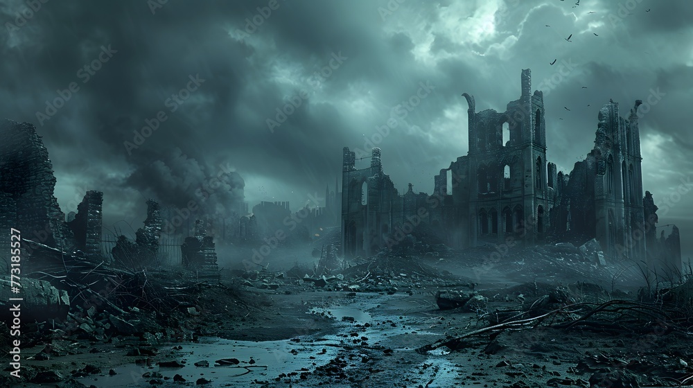 An eerie, desolate landscape of post-apocalyptic ruins, with crumbling buildings under dark, stormy skies, evoking a scene of destruction and abandonment. - obrazy, fototapety, plakaty 