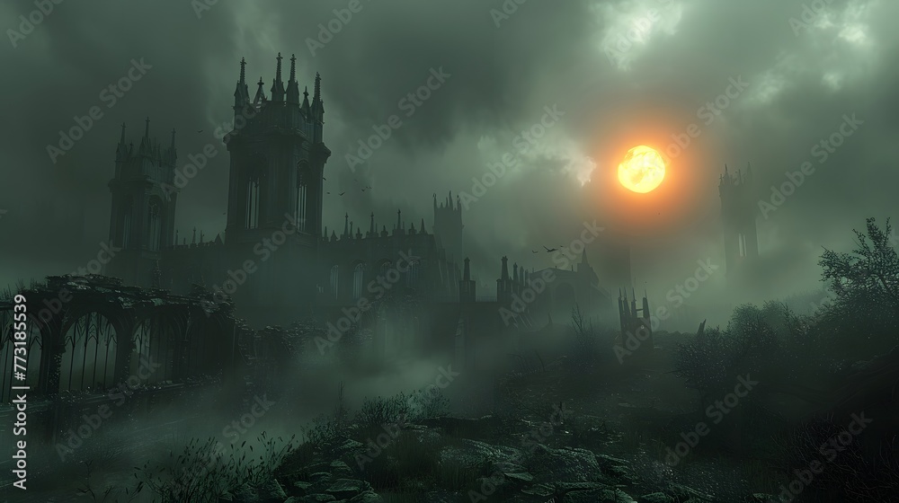 A haunting gothic cathedral stands amidst a fog-shrouded landscape in twilight, with a surreal glowing moon illuminating the moody scene.