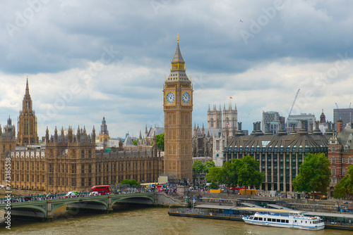 Big Ben, the Palace of Westminster and Westminster Bridge over River Thames aerial view in London, England, UK. The Big Ben and Palace is UNESCO World Heritage Site since 1970. 