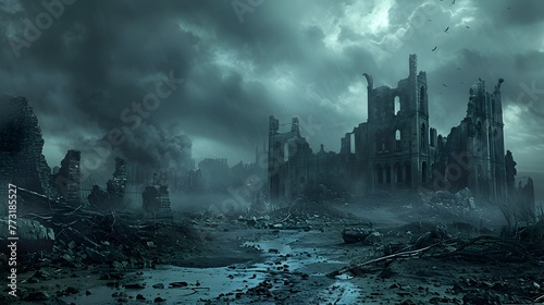 An eerie, desolate landscape of post-apocalyptic ruins, with crumbling buildings under dark, stormy skies, evoking a scene of destruction and abandonment. photo