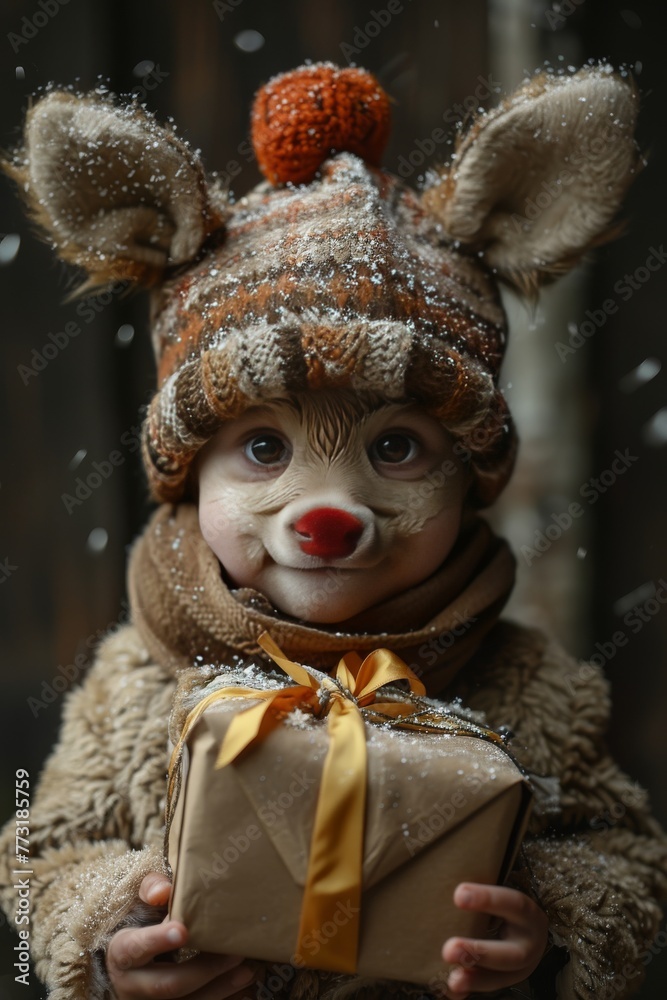 Funny fairytale animal with gift box in winter weather