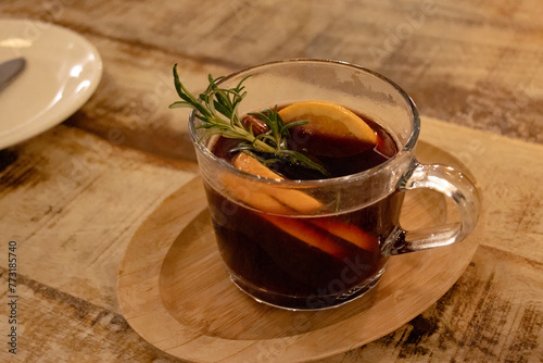 Mulled wine in a glass mug, a special drink for the Christmas season