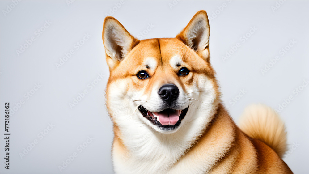 Happy smiling Shiba Dog, on a solid colored background