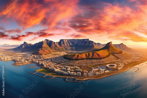 Aerial view of Table Mountain at sunset , Aerial panoramic view  cityscape at sunset, Ai generated