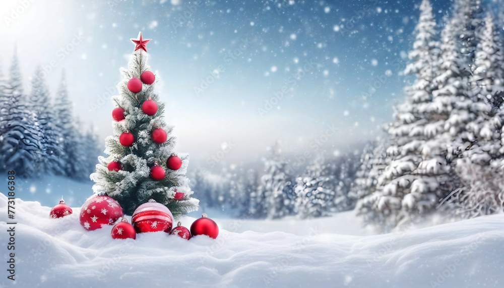 Beautiful Festive Christmas snowy background with holiday lights. Christmas tree decorated with red balls and knitted toys in forest in snowdrifts in snowfall on nature outdoors, panoramа, copy space.