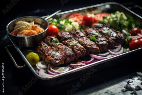 Exquisite kebab on a metal tray against a leather background