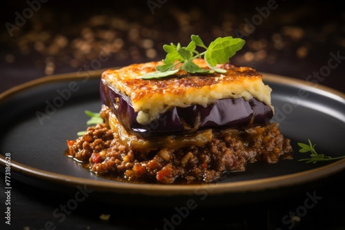 Refined moussaka on a rustic plate against a leather background
