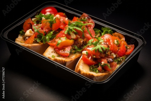 Tasty bruschetta in a bento box against a leather background