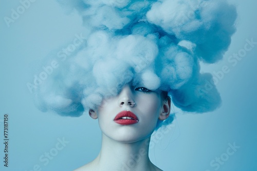 a woman with blue cloud on her head