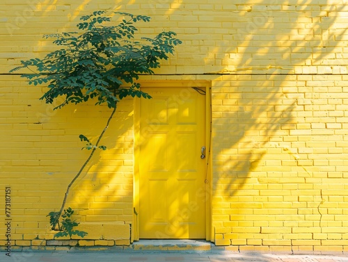 a yellow door with a tree growing on it