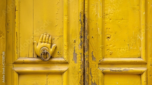 a yellow door with a door knocker