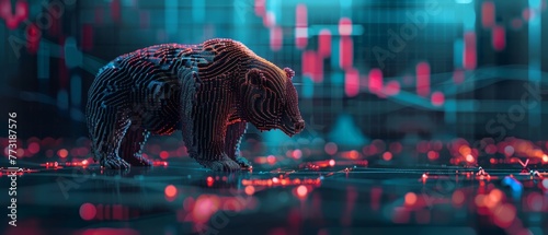 Financial and business candle stock graph chart, Bull vs bear concept, macro shot of a detailed bull and bear figurine standing on a reflective surface 