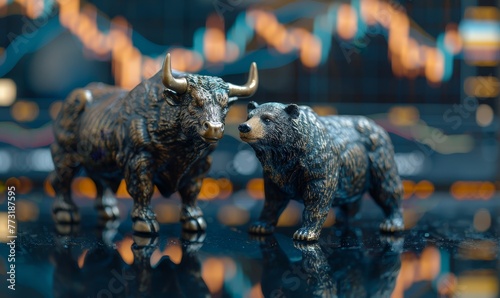 Financial and business candle stock graph chart  Bull vs bear concept  macro shot of a detailed bull and bear figurine standing on a reflective surface 