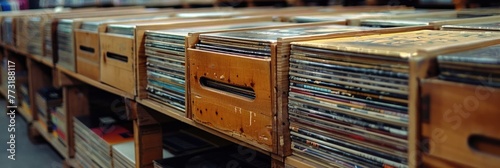 Numerous records neatly arranged on a shelving unit photo