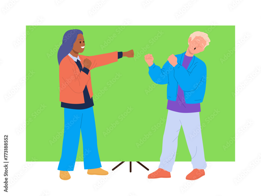 Actor and actress fighting playing role in action movie over green screen vector illustration