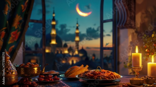 Ramadan Celebration with background of Moon and Mosque