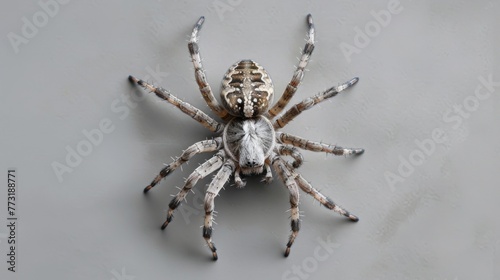 Closeup spider on a grey background. Dangerous insect.