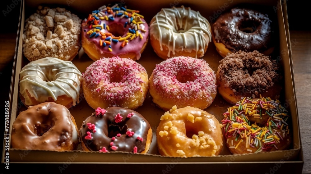 Box of Doughnuts with Various Toppings
