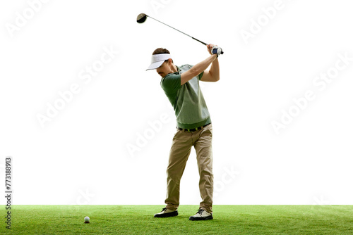 Full length portrait of golfer hitting golf shot with club on course against white studio background. Retro. Concept of professional sport, luxury games, active lifestyle, action. Ad