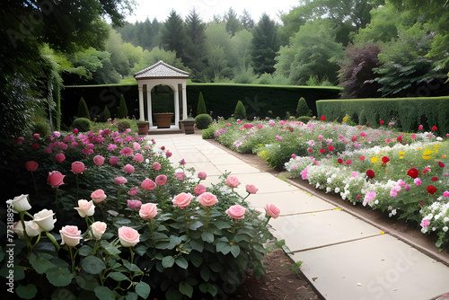 Un jardín elegante, de apariencia vivaz, con un pequeño kiosco blanco y flores coloridas photo