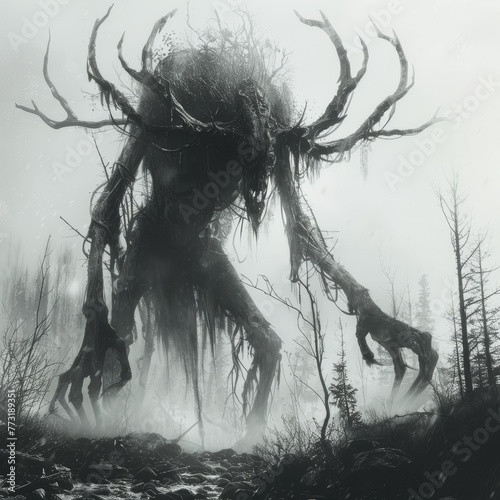 Wendigo, A malevolent creature from Algonquian folklore associated with winter, famine, and cannibalism.