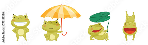 Funny Green Frog Character Engaged in Different Activity Vector Set