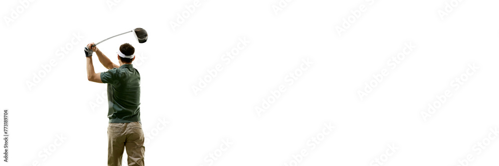 Banner. Rear view portrait of golfer swings against white studio background with negative space to insert text. Concept of professional sport, luxury games, active lifestyle, action. Ad Banner. Rear view portrait of golfer swings against white studio background with negative space to insert text. Concept of professional sport, luxury games, active lifestyle, action. Ad