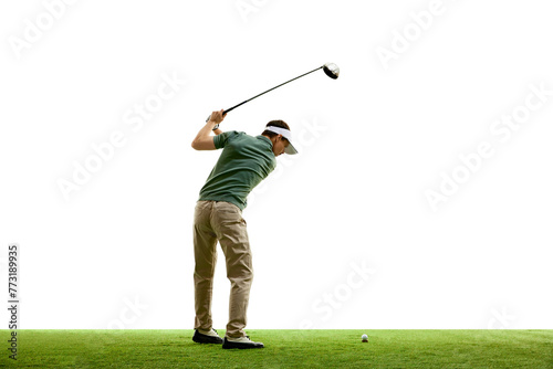 Rear view portrait of young athletic man, professional golfer playing golf on green lash grass against white studio background. Concept of professional sport, luxury games, active lifestyle, action.
