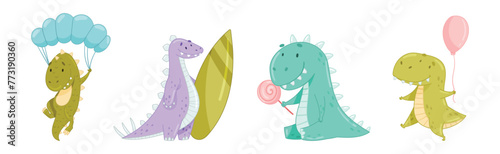 Cute Comic Dinosaur Do Different Activity Vector Set