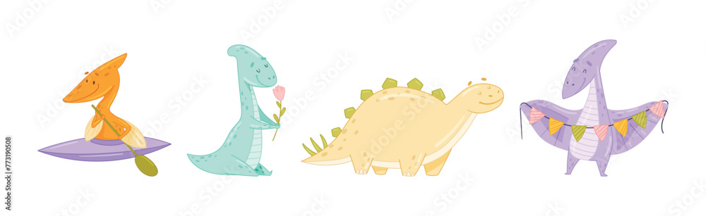 Cute Comic Dinosaur Do Different Activity Vector Set Cute Comic Dinosaur Do Different Activity Vector Set