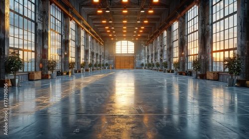 Empty warehouse space with dramatic lighting and shadows, ideal for showcasing the potential of adaptable workspaces.
