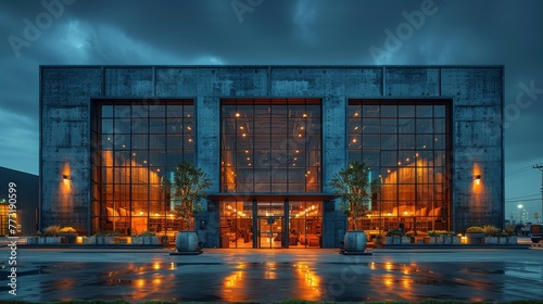 Dramatic warehouse exterior illuminated at night, highlighting the architectural beauty of industrial structures.