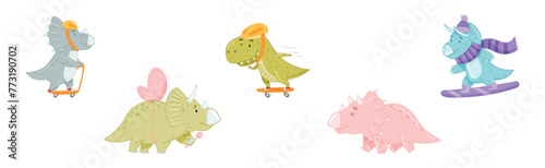 Cute Comic Dinosaur Do Different Activity Vector Set