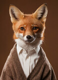 Red Fox face, wearing in a cardigan and shirt for a photo shoot on a chestnut, gray plain background, in an ultra-detailed style.