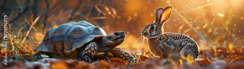 Calm tortoise in front, hare rushing, twilight setting, eyelevel, strategic advantage, quiet determination photo