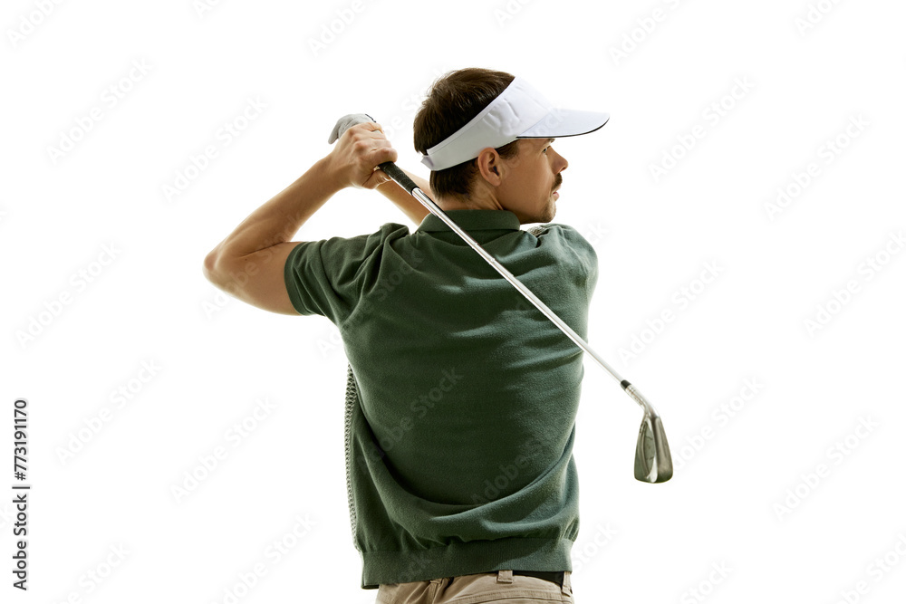 Rear view portrait of athlete in golf attire doing perfect swing in motion and looking at distance against white studio background. Concept of professional sport, luxury games, active lifestyle. Ad Rear view portrait of athlete in golf attire doing perfect swing in motion and looking at distance against white studio background. Concept of professional sport, luxury games, active lifestyle. Ad