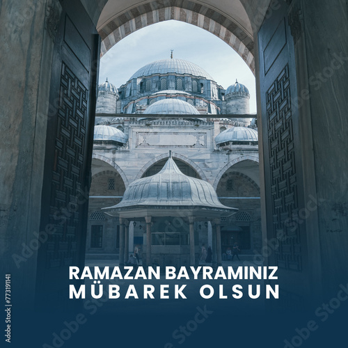 Ramadan Mubarak, Ramazan bayramınız mübarek olsun, Eid Mubarak in English, square social media design, Islamic post with Blue Mosque 