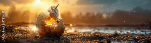 Golden egg cradling emerging unicorn, dusk ambiance, wide shot, genesis of magic, tranquil enchantment