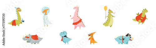 Colorful Dinosaur at Birthday Party Celebrate Holiday Vector Set