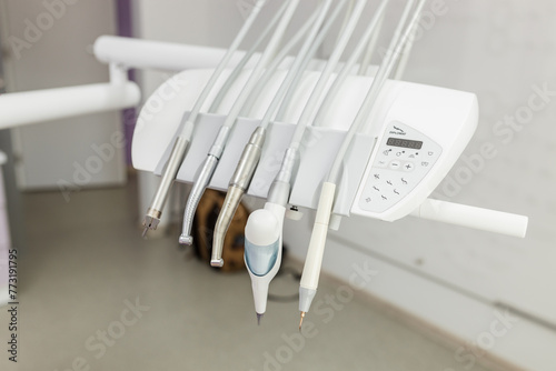 Banner dentists room office. Closeup different dental instruments and tools